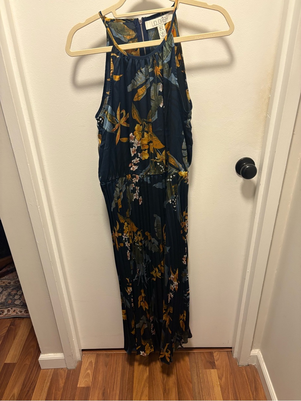 Navy Floral Halter Midi Dress with Mustard Accents